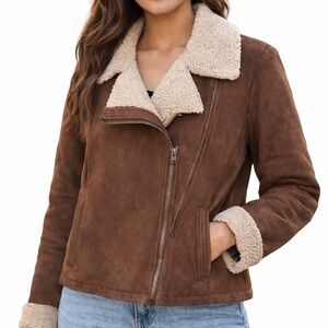 Liz Claiborne Womens Brown Faux Suede Sherpa Lined Moto Jacket Coat Zip Up, L